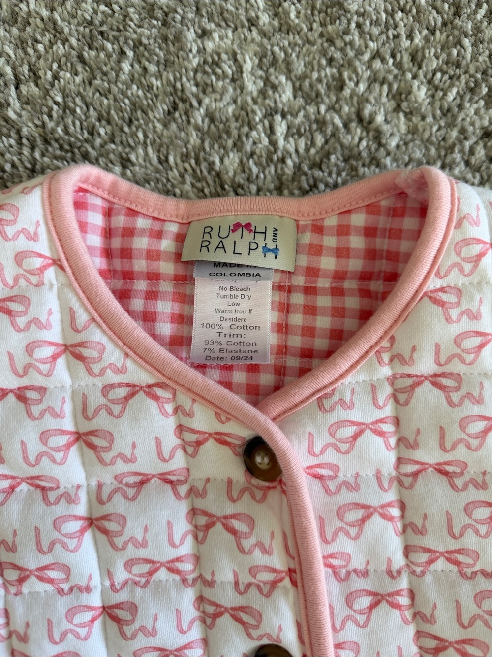 Pink Quilted Button-Up Bow Pattern Jacket - Picture 2 of 3